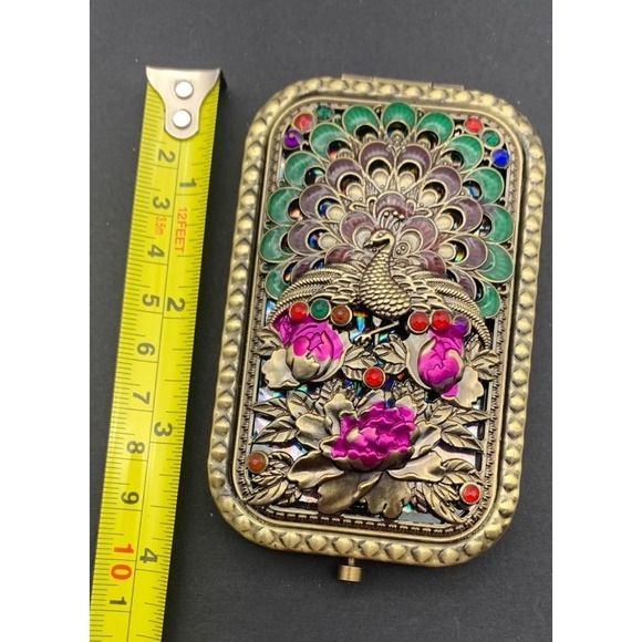 NWOT Contemporary Vintage Style Peacock Enamel & Rhinestone Compact Mirror - Picture 2 of 5